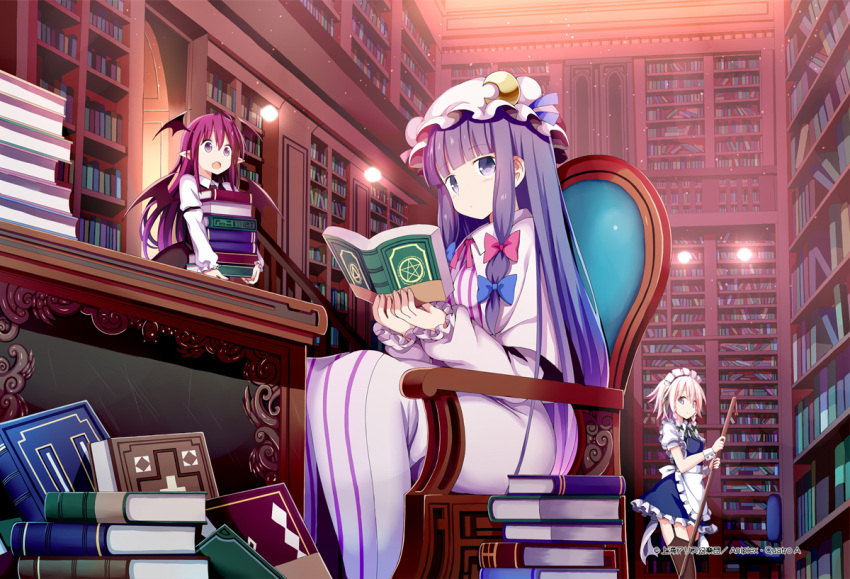 3girls apron blue_bow blue_dress blue_eyes blue_ribbon book bookshelf bow braid collared_shirt crescent crescent_hat_ornament demon_wings dress eyebrows_visible_through_hair givuchoko hat hat_ornament hat_ribbon head_wings holding holding_book izayoi_sakuya koakuma long_hair long_sleeves maid_apron maid_headdress mob_cap multiple_girls official_art open_book patchouli_knowledge pink_bow pink_ribbon pointy_ears puffy_short_sleeves puffy_sleeves purple_eyes purple_hair purple_headwear reading red_eyes red_hair ribbon shirt short_hair short_sleeves sidelocks silver_hair sitting striped striped_dress touhou touhou_cannonball twin_braids vertical-striped_dress vertical_stripes white_apron white_shirt wings