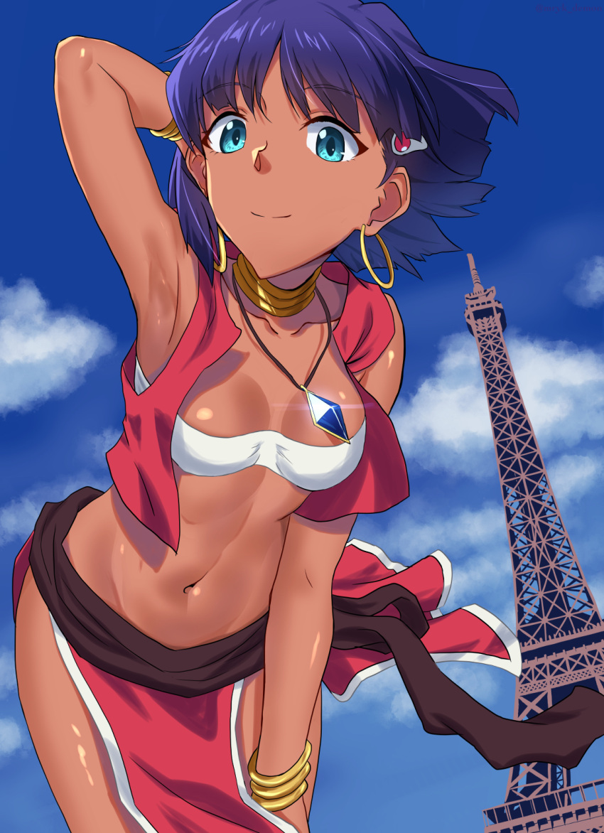 1girl armpits bandeau blue_eyes bracelet breasts closed_mouth dark-skinned_female dark_skin earrings eiffel_tower fushigi_no_umi_no_nadia hair_ornament hairclip highres jewelry loincloth looking_at_viewer midriff murayuki1404 nadia_la_arwall navel neck_ring necklace purple_hair short_hair smile solo strapless tube_top vest