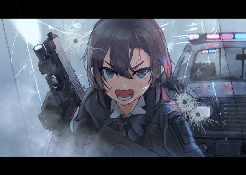 1girl angry bangs black_gloves black_hair black_jacket blue_bow blue_bowtie blue_eyes bow bowtie bullet_hole car collared_shirt commentary determined dreadtie dress_shirt flashlight frown gloves ground_vehicle gun hair_between_eyes handgun highres jacket kurumazaki_yuu letterboxed looking_at_viewer medium_hair motor_vehicle open_clothes open_jacket open_mouth original pistol police_car riot_shield shield shirt sig_sauer sig_sauer_p226 solo v-shaped_eyebrows weapon wet white_shirt