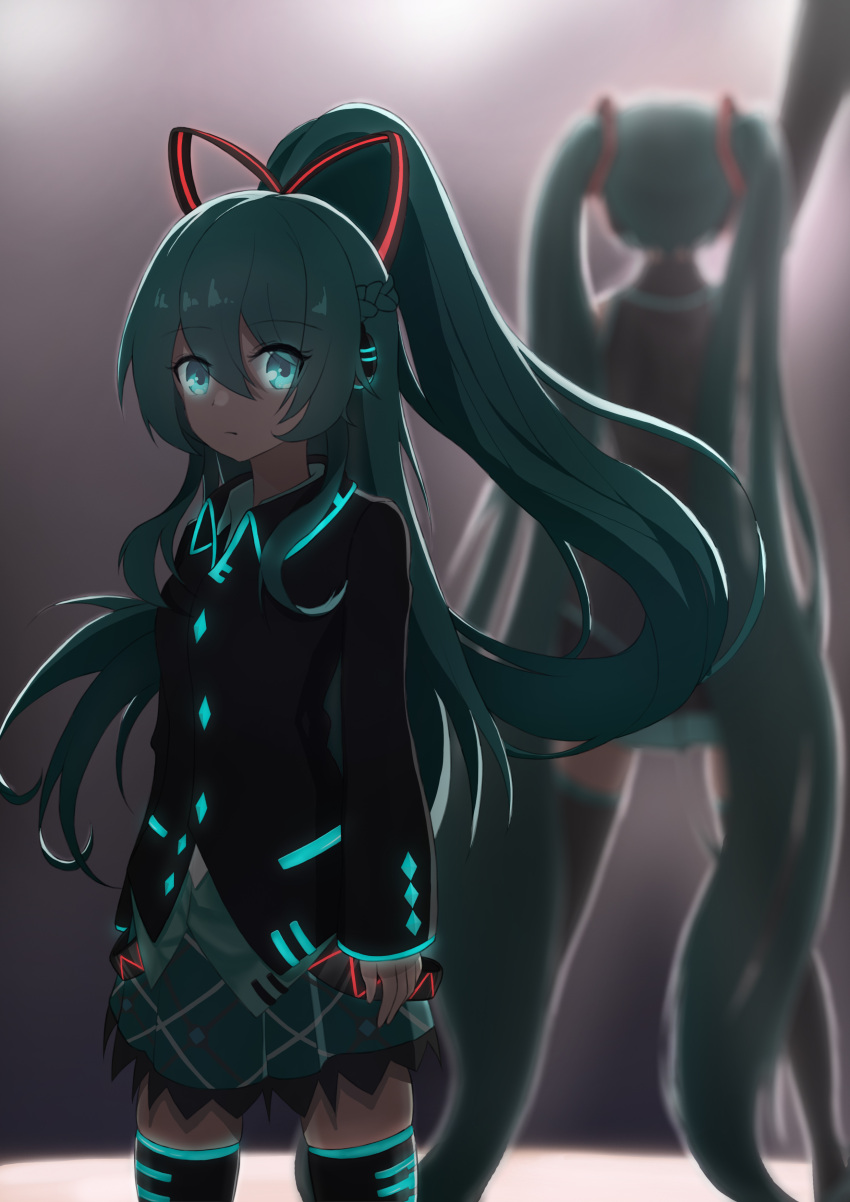 2girls absurdres aqua_hair aqua_skirt arm_up arms_at_sides bare_shoulders black_legwear black_shirt black_skirt black_sleeves blurry blurry_background braid commentary cowboy_shot detached_sleeves dual_persona expressionless french_braid from_behind glowing glowing_eyes grey_shirt hair_ornament hair_ribbon hatsune_miku hatsune_miku_(if) headphones highres long_hair long_sleeves looking_at_viewer miniskirt multiple_girls neon_trim outstretched_arm plaid plaid_skirt pleated_skirt ponytail ribbon shark_jelly shirt skirt sleeveless sleeveless_shirt spotlight stage standing striped striped_ribbon thighhighs twintails very_long_hair vocaloid zettai_ryouiki