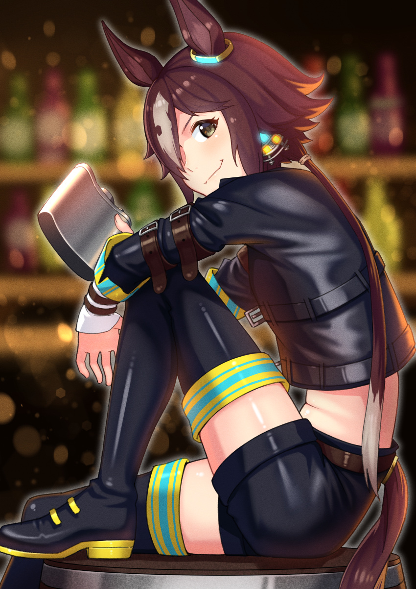 1girl absurdres alcohol animal_ears arched_back barrel belt black_jacket black_shorts blurry blurry_background boots brown_hair closed_mouth flask glowing green_eyes hair_ornament hair_over_one_eye highres hip_flask holding horse_ears horse_girl horse_tail jacket knee_up leather leather_jacket medium_hair midriff multicolored_hair ponytail shorts sidelocks sitting smile smirk solo striped striped_legwear tail thigh_boots thighhighs toketa_(toketa15) two-tone_hair umamusume vodka_(umamusume)