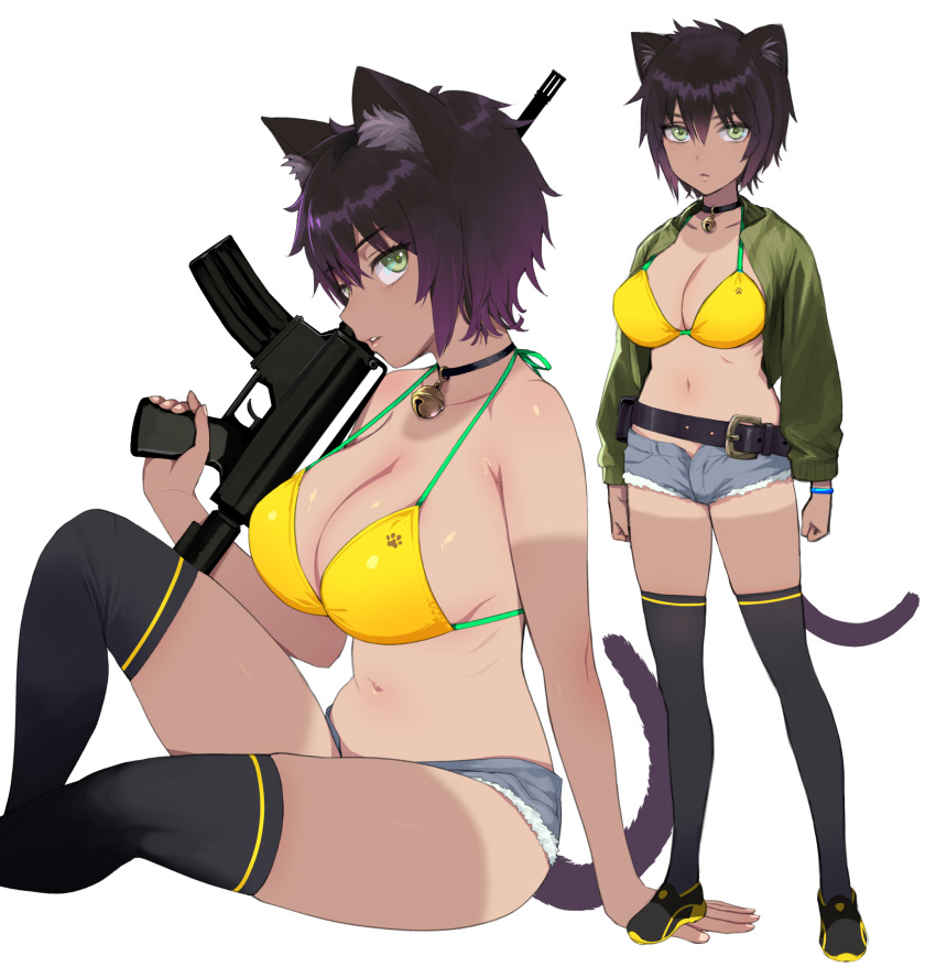 1girl animal_ears assault_rifle bell bikini bikini_top black_hair black_legwear breasts cat_ears cat_girl cat_tail commentary_request dark-skinned_female dark_skin eyebrows_visible_through_hair gradient_hair green_bikini green_eyes green_jacket gun highres holding holding_weapon jacket jingle_bell looking_at_viewer m4_carbine multicolored_bikini multicolored_clothes multicolored_hair navel neck_bell one-piece_tan original paw_print purple_hair rifle short_hair shorts sitting skindentation solo standing swimsuit swimsuit_under_clothes tail tan tanlines thighhighs weapon white_background yellow_bikini yuzuriha_(active_homing)
