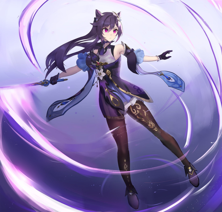 1girl bangs black_gloves black_legwear braid choker commentary_request detached_sleeves double_bun eyebrows_visible_through_hair genshin_impact gloves gradient gradient_background hair_between_eyes hair_cones hair_ornament highres holding holding_sword holding_weapon keqing_(genshin_impact) long_hair purple_eyes purple_hair sidelocks simple_background single_braid solo subu_art sword twintails weapon wide_sleeves