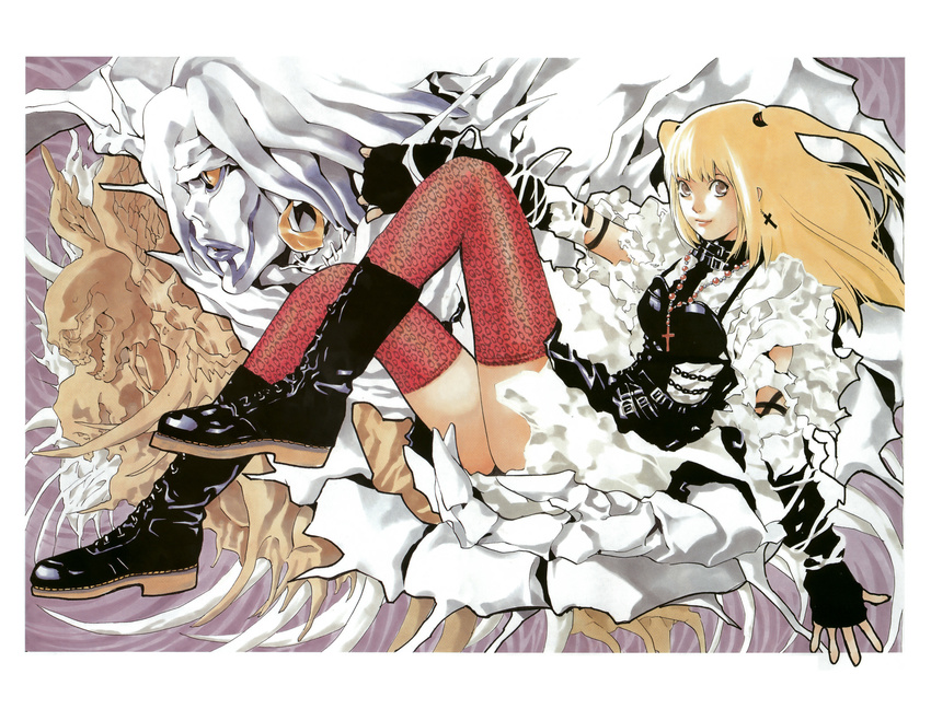 amane_misa animal_print bangs blonde_hair boots death_note earrings fingerless_gloves gloves highres jewelry leopard_print multiple_girls obata_takeshi official_art pink_legwear print_legwear rem_(death_note) scan shinigami thighhighs two_side_up