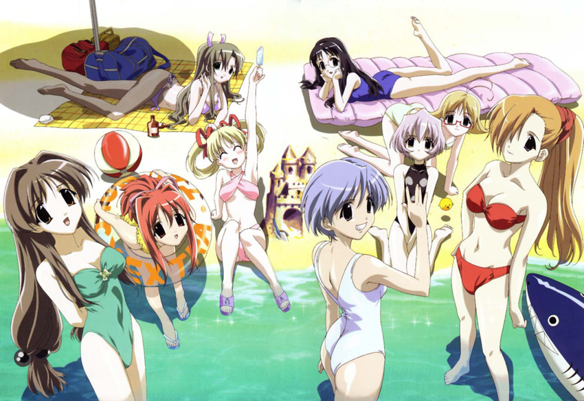 all_fours antenna_hair artist_request ball beach beachball bent_over bikini black_hair blonde_hair blue_hair brown_eyes brown_hair closed_eyes food glasses gokajou_satsuki happy_lesson ichimonji_mutsuki innertube kneeling long_hair lying multiple_girls nanakorobi_fumitsuki ninomai_kisaragi ponytail popsicle red_eyes red_hair ribbon rokumatsuri_minazuki sanzen'in_yayoi shitenno_uzuki short_hair silver_hair sitting smile swimsuit togakushi_kanna towel umbrella yazakura_hazuki