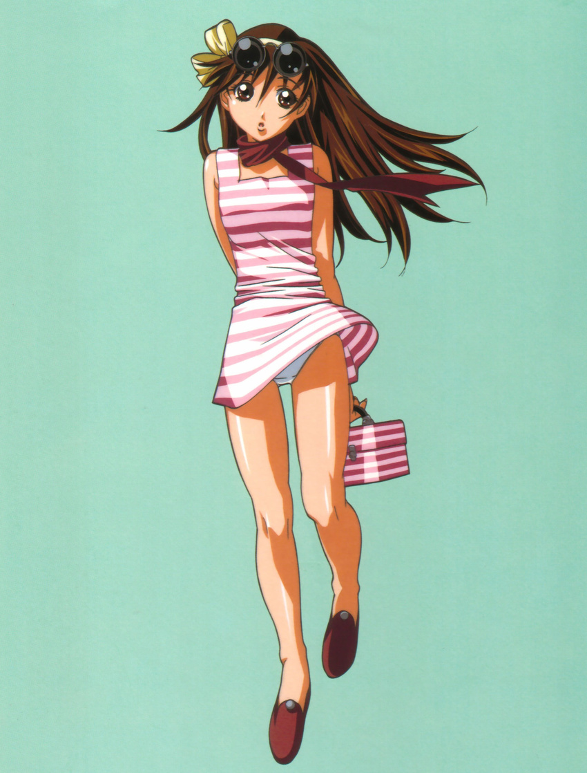 :o absurdres aqua_background arms_behind_back bare_legs brown_eyes brown_hair dress eyewear_on_head full_body gotou_keiji hairband highres holding long_hair original panties red_footwear red_scarf scarf shiny shiny_skin shoes simple_background sleeveless sleeveless_dress solo striped striped_dress sunglasses underwear upskirt white_panties wind wind_lift yellow_hairband