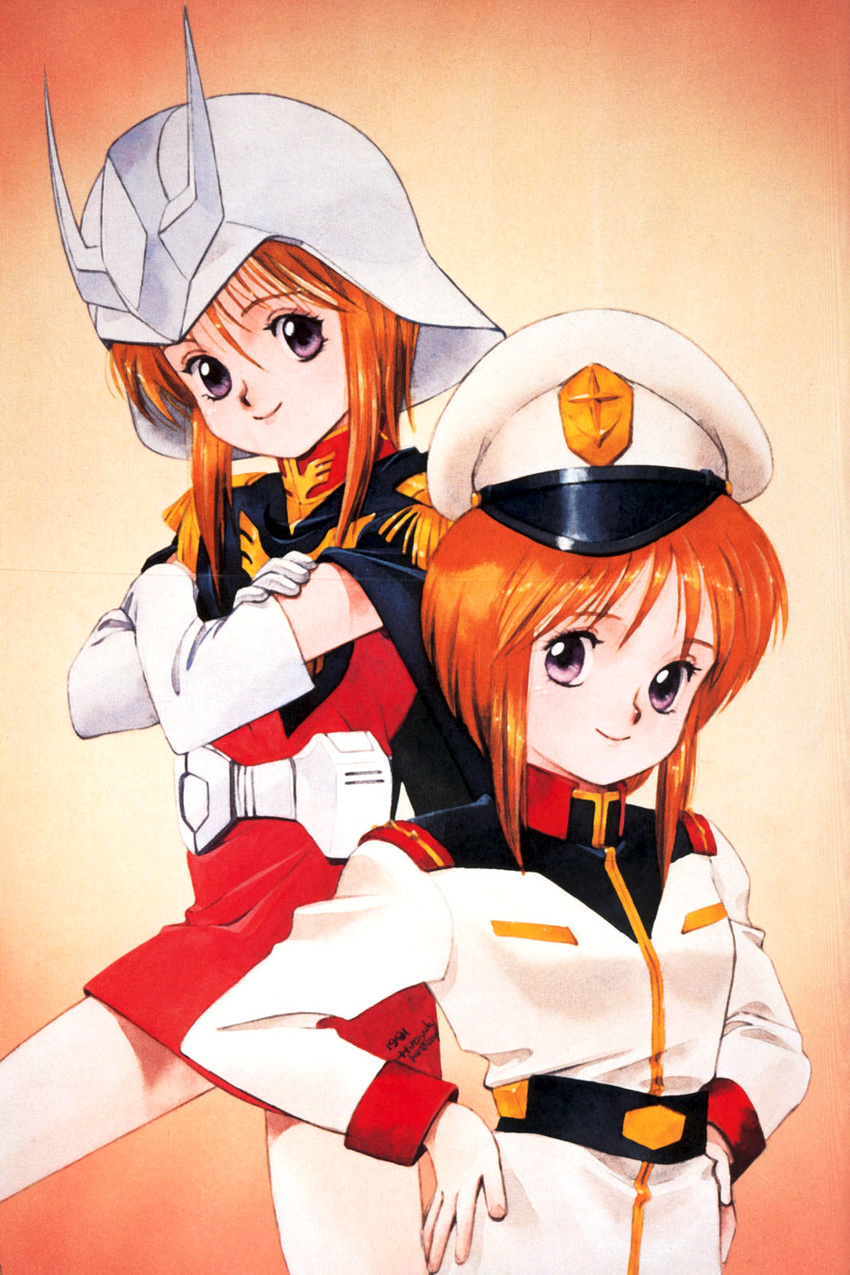 2girls 70s 80s 90s artist_name char_aznable char_aznable_(cosplay) cosplay elpeo_puru gundam gundam_zz hat helmet highres kitazume_hiroyuki matilda_ajan matilda_ajan_(cosplay) military military_uniform multiple_girls oldschool orange_hair purple_eyes puru_two short_hair uniform