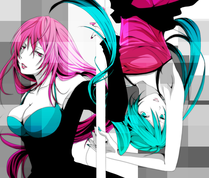 aqua_eyes aqua_hair aqua_nails arms_up breasts cleavage dancing hatsune_miku highres large_breasts long_hair megurine_luka multiple_girls nail_polish pink_eyes pink_hair pink_nails pole pole_dancing rotational_symmetry ryoko_(game_x_over) smile stripper_pole twintails upside-down vocaloid world's_end_dancehall_(vocaloid)