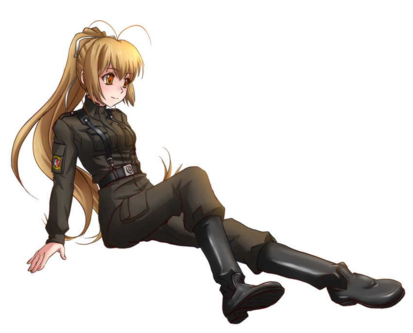 1girl antenna_hair arm_support belt black_footwear brown_eyes brown_hair brown_jacket brown_pants eyebrows_visible_through_hair full_body genya_(genya67) hair_between_eyes hair_ribbon high_ponytail highres jacket katia_waldheim long_hair military military_jacket military_uniform pants ribbon schwarzesmarken simple_background sitting solo uniform very_long_hair white_background white_ribbon