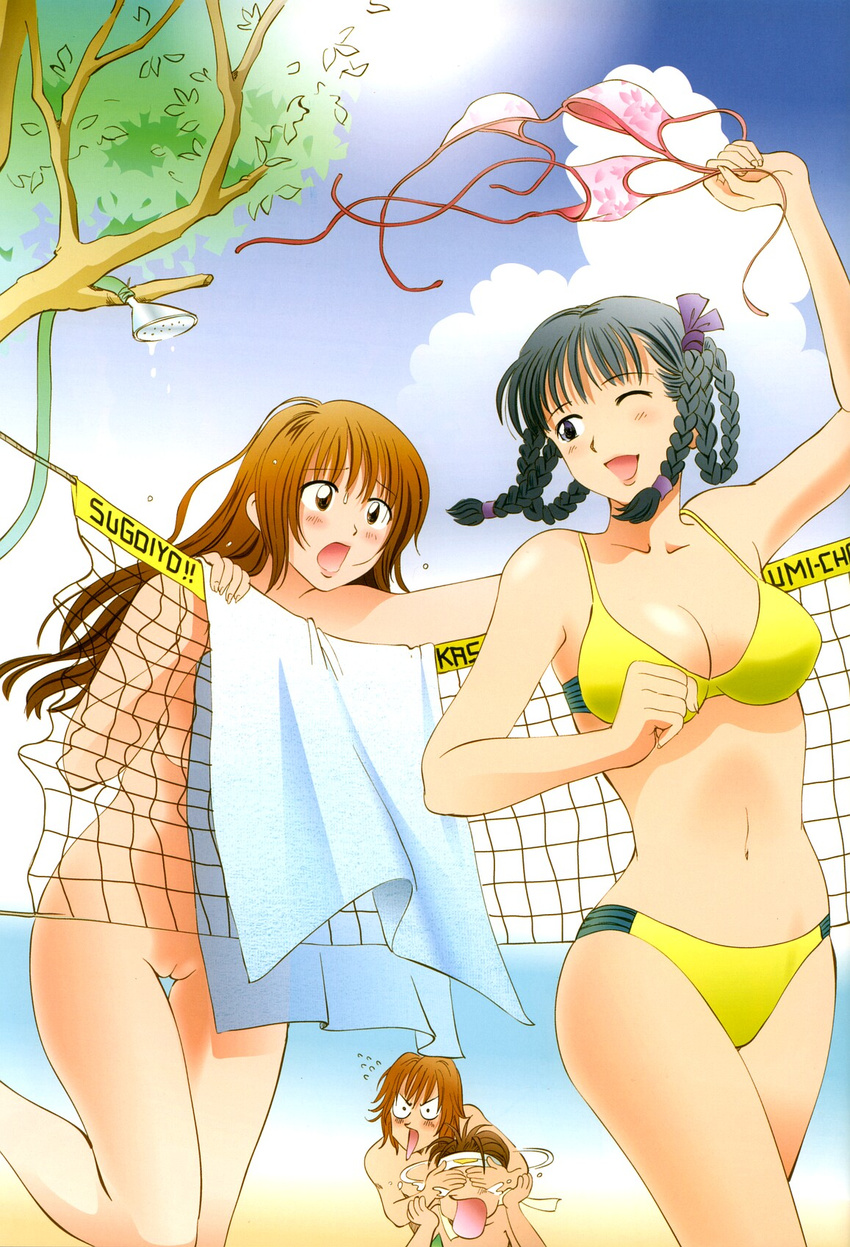 2girls assisted_exposure beach bikini bikini_bottom_removed bikini_top_removed blush character_request clothes_theft covering_eyes day dead_or_alive embarrassed hayate_(doa) highres kasumi_(doa) lei_fang multiple_boys multiple_girls navel non-web_source nude one_eye_closed outdoors pussy ryu_hayabusa senke_kagerou swimsuit swimsuit_removed swimsuit_theft theft towel