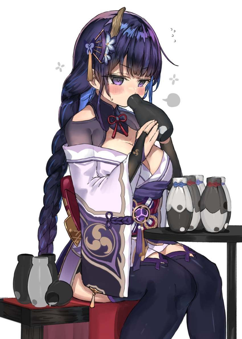 1girl bangs black_legwear blush bottle braid breasts bridal_gauntlets cleavage commentary drinking drunk eyebrows_visible_through_hair genshin_impact hair_ornament highres japanese_clothes long_hair medium_breasts purple_hair raiden_shogun ranf simple_background single_braid sitting solo symbol-only_commentary thighhighs white_background wide_sleeves