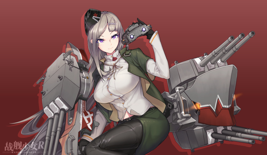 1girl binoculars black_gloves black_headwear breasts cannon capelet commentary garrison_cap gloves green_capelet green_skirt grey_hair hair_ornament hairclip hat holding holding_binoculars large_breasts long_hair long_sleeves machinery moscow_(warships_girls_r) purple_eyes shirt skirt solo turret warship_girls_r wave505 white_shirt