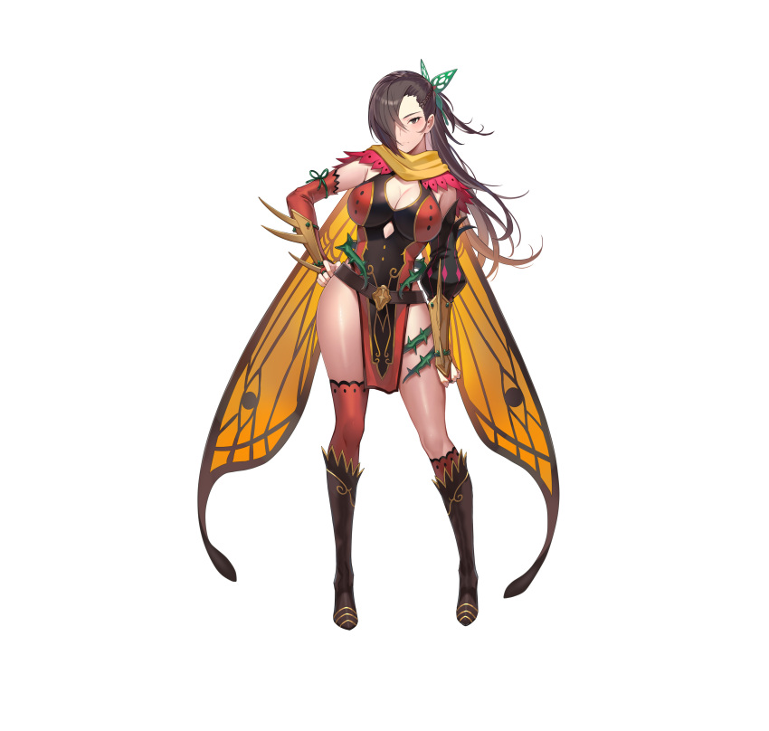 1girl absurdres alternate_costume armor asymmetrical_legwear bangs belt boots breasts brown_eyes brown_hair cape cleavage closed_mouth commentary dress fire_emblem fire_emblem_fates fire_emblem_heroes full_body hair_ornament hair_over_one_eye hand_on_hip highres kagero_(fire_emblem) kakage knee_boots large_breasts long_hair looking_at_viewer official_art pelvic_curtain shiny shiny_hair shiny_skin short_dress simple_background single_thighhigh solo standing thighhighs thighs thorns tied_hair white_background