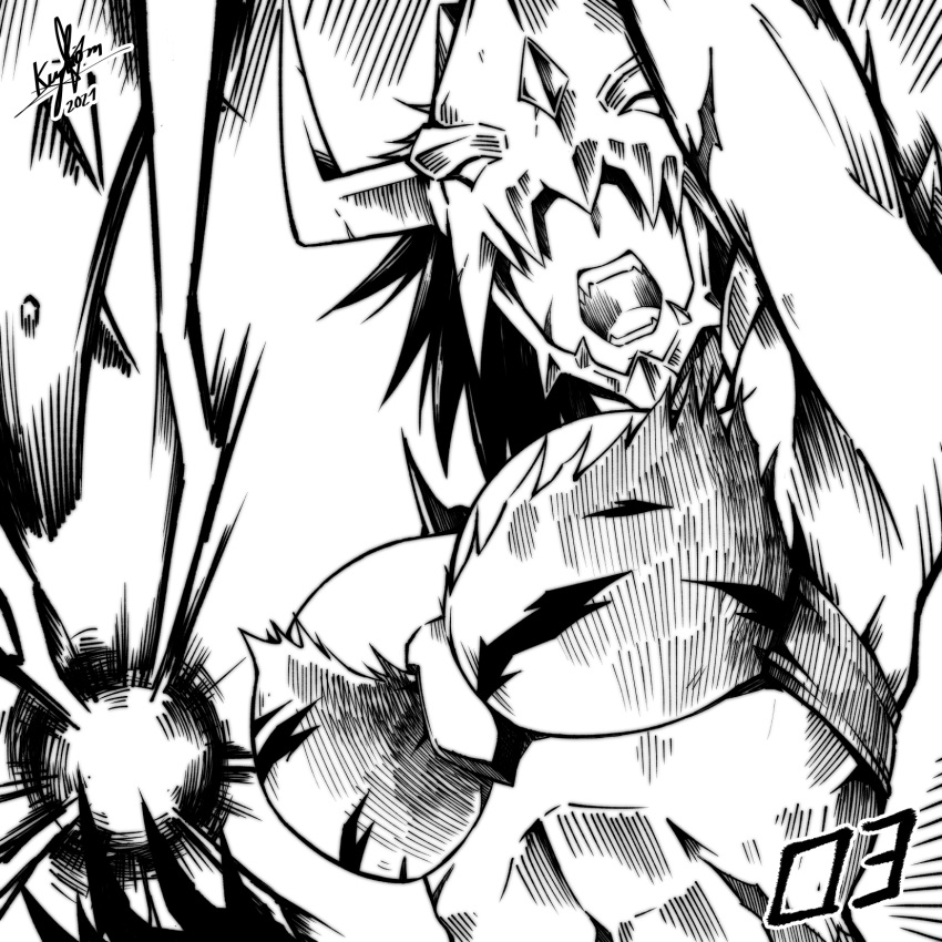 1girl 2021 arm_up armpits black_hair breasts cleavage commentary covered_eyes digimon digimon_(creature) english_commentary fangs greyscale helmet highres horns inktober keyliom kinkakumon large_breasts lightning lower_teeth monochrome muscular muscular_female numbered open_mouth scar scar_on_arm signature solo teeth tongue upper_body uppercut