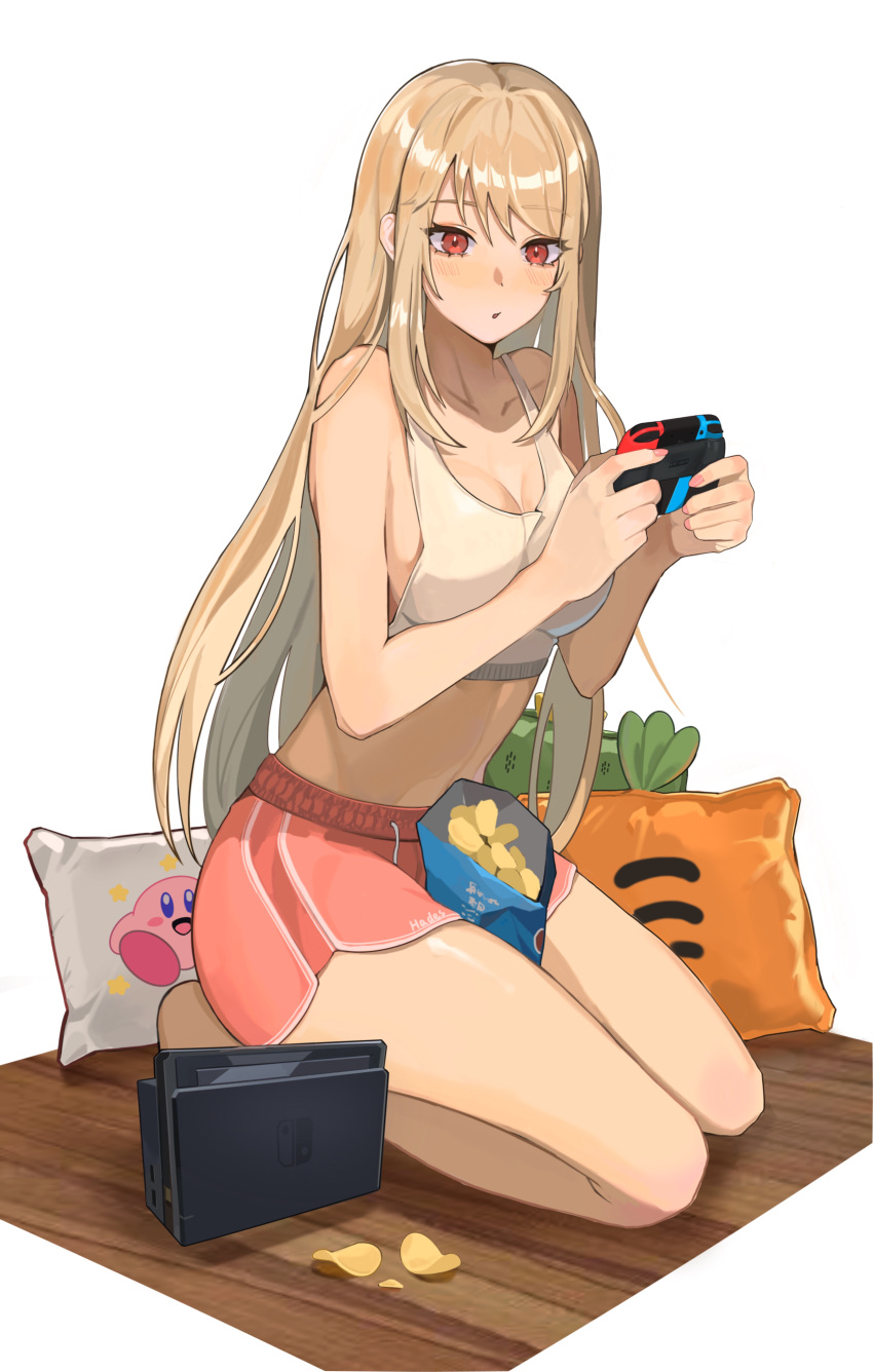 1girl absurdres bag_of_chips bare_shoulders blonde_hair breast_press breasts carrot_pillow casual chips commentary eyebrows_visible_through_hair food hair_between_eyes hands_up highres jintianhuahualema kirby kirby_(series) long_hair nintendo_switch open_mouth pillow pink_nails red_eyes sakura-sou_no_pet_na_kanojo seiza shiina_mashiro shirt shorts simple_background sitting solo tank_top white_background white_shirt wooden_floor