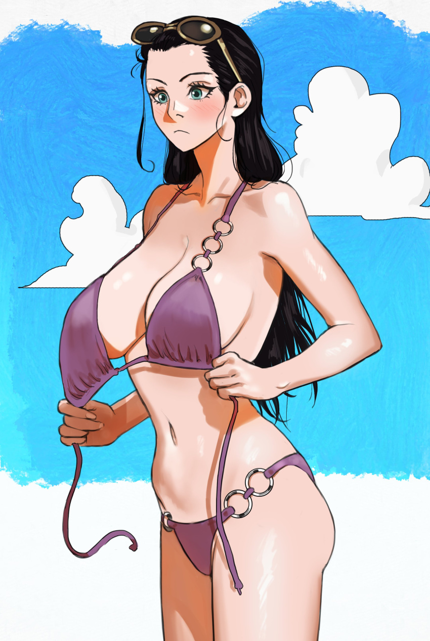 1girl absurdres aqua_eyes bikini black_hair blue_sky blush breasts cleavage closed_mouth cloud cloudy_sky collarbone commentary cowboy_shot english_commentary eyelashes eyewear_on_head forehead hair_pulled_back highres joy_boy large_breasts long_hair looking_down navel nico_robin o-ring o-ring_bikini one_piece purple_bikini sky solo standing stomach sunglasses swimsuit thighs untied untied_bikini wardrobe_malfunction