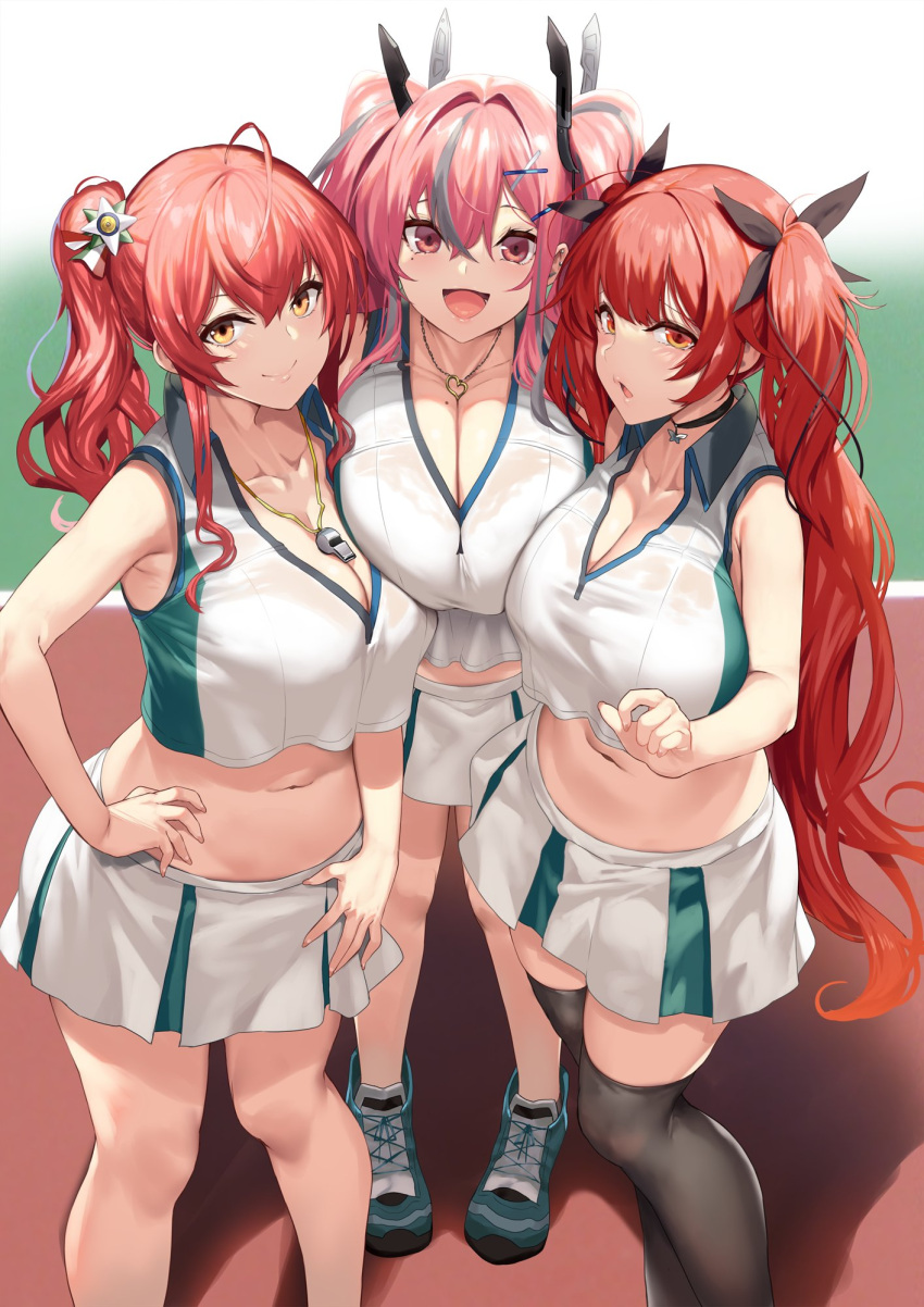 3girls ahoge azur_lane blush breasts bremerton_(azur_lane) bremerton_(scorching-hot_training)_(azur_lane) cleavage closed_mouth collarbone cosplay from_above grey_hair highres honolulu_(azur_lane) large_breasts looking_at_viewer multicolored_hair multiple_girls official_alternate_costume open_mouth outdoors pink_hair red_eyes red_hair side_ponytail tennis_court thighhighs twintails two-tone_hair two-tone_skirt yappen yellow_eyes zara_(azur_lane)