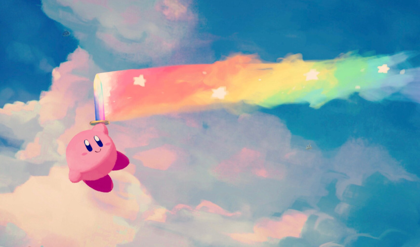 blue_sky blush_stickers cloud flying highres kirby kirby's_dream_land_2 kirby_(series) rainbow rainbow_sword sky smile star_(symbol) suyasuyabi ufo