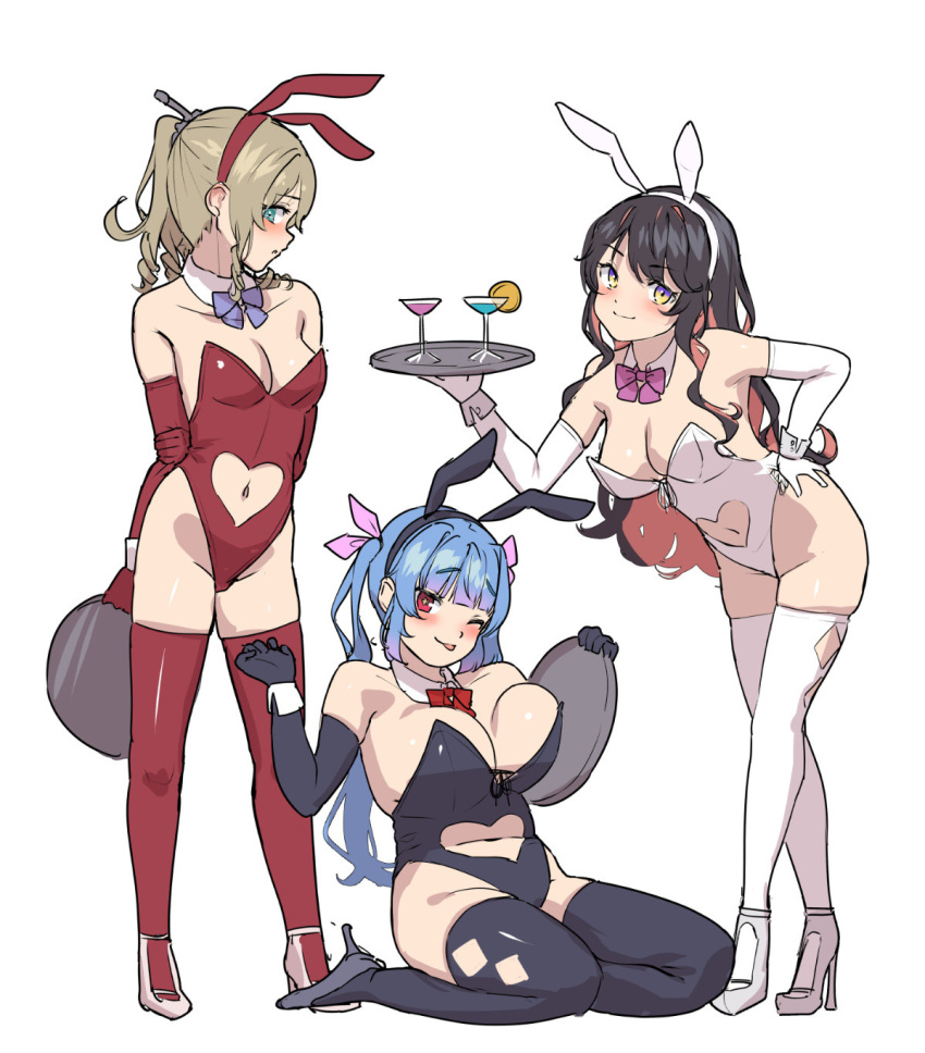 3girls alternate_costume animal_ears aqua_eyes arms_behind_back bangs bare_shoulders bent_over black_hair blonde_hair blue_hair blush bow bowtie breasts clothing_cutout cocktail_glass collarbone commentary_request cup detached_collar drill_hair drinking_glass elbow_gloves eyebrows_visible_through_hair fake_animal_ears full_body gloves hair_ribbon hand_on_hip hatakaze_(kancolle) high_heels highres holding holding_tray i-19_(kancolle) kantai_collection large_breasts leotard long_hair looking_at_viewer multicolored_hair multiple_girls naganami_(kancolle) navel_cutout one_eye_closed pink_hair playboy_bunny ponytail rabbit_ears rabbit_tail red_eyes ribbon satsuki_neko simple_background sitting skindentation smile standing star-shaped_pupils star_(symbol) strapless symbol-shaped_pupils tail thighhighs tray two-tone_hair wavy_hair white_background wine_glass wrist_cuffs yellow_eyes