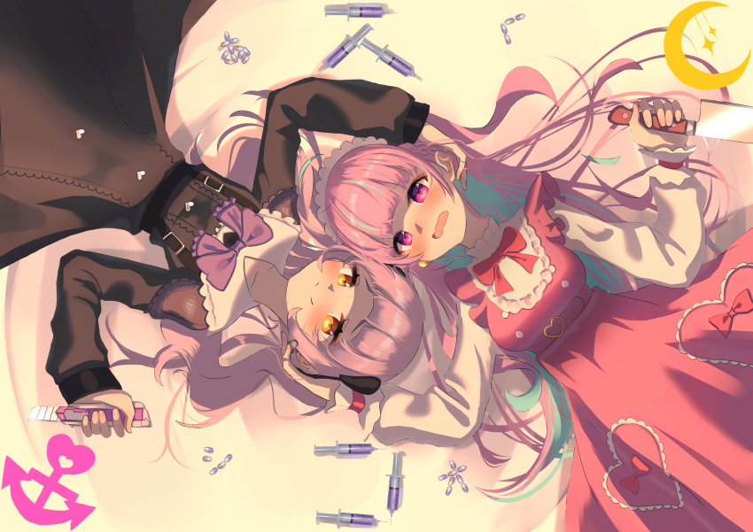 2girls absurdres alternate_costume blush boxcutter colored_inner_hair commentary_request dress dutch_angle highres holding holding_boxcutter holding_knife hololive kitchen_knife knife looking_at_viewer minato_aqua multicolored_hair multiple_girls murasaki_shion purple_hair silver_hair syringe virtual_youtuber yoruillust