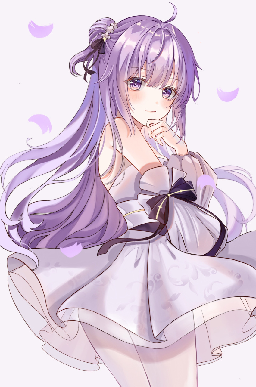 1girl absurdres azur_lane bangs bow commentary_request detached_sleeves dress eyebrows_visible_through_hair eyes_visible_through_hair hair_between_eyes hair_bow hair_bun hair_ornament hair_ribbon highres long_hair looking_at_viewer muki_(muki_kunxd) one_side_up pantyhose petals puffy_detached_sleeves puffy_sleeves purple_eyes purple_hair ribbon side_bun sidelocks simple_background smile solo strapless strapless_dress twisted_torso unicorn_(a_dream_of_pure_vows)_(azur_lane) unicorn_(azur_lane) wedding_dress white_background white_dress white_legwear