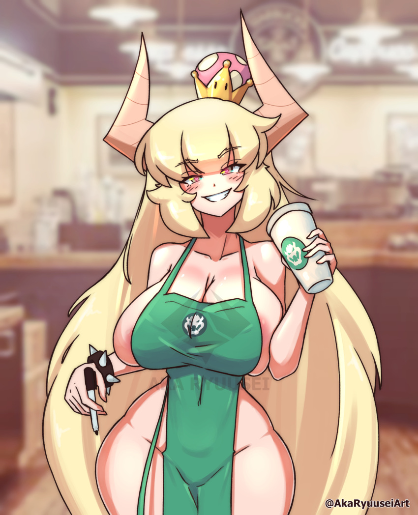 1girl akaryuuseiart apron blonde_hair blurry blurry_background blush bowser_logo bowsette bracelet breasts cleavage collarbone commentary cup curvy depth_of_field disposable_cup english_commentary eyebrows_visible_through_hair green_apron grin heart heart-shaped_pupils highres holding holding_cup holding_marker horns iced_latte_with_breast_milk_(meme) indoors jewelry large_breasts long_hair looking_at_viewer mario_(series) marker meme naked_apron new_super_mario_bros._u_deluxe sideboob smile solo spiked_bracelet spikes standing starbucks super_crown symbol-shaped_pupils teeth twitter_username very_long_hair yellow_eyes