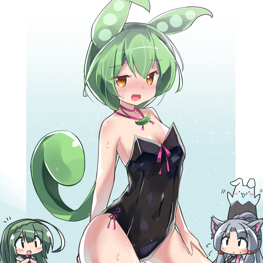 3girls :d animal_ear_fluff animal_ears bangs bare_arms bare_shoulders black_leotard blush breasts brown_eyes cleavage closed_mouth commentary_request covered_navel eyebrows_visible_through_hair green_hair green_hairband grey_hair hair_between_eyes hairband highres japanese_clothes kimono leotard long_hair looking_at_viewer low_ponytail multiple_girls nose_blush open_mouth personification playboy_bunny ponytail ryogo small_breasts smile strapless strapless_leotard sweat touhoku_itako touhoku_zunko very_long_hair voiceroid white_kimono zundamon