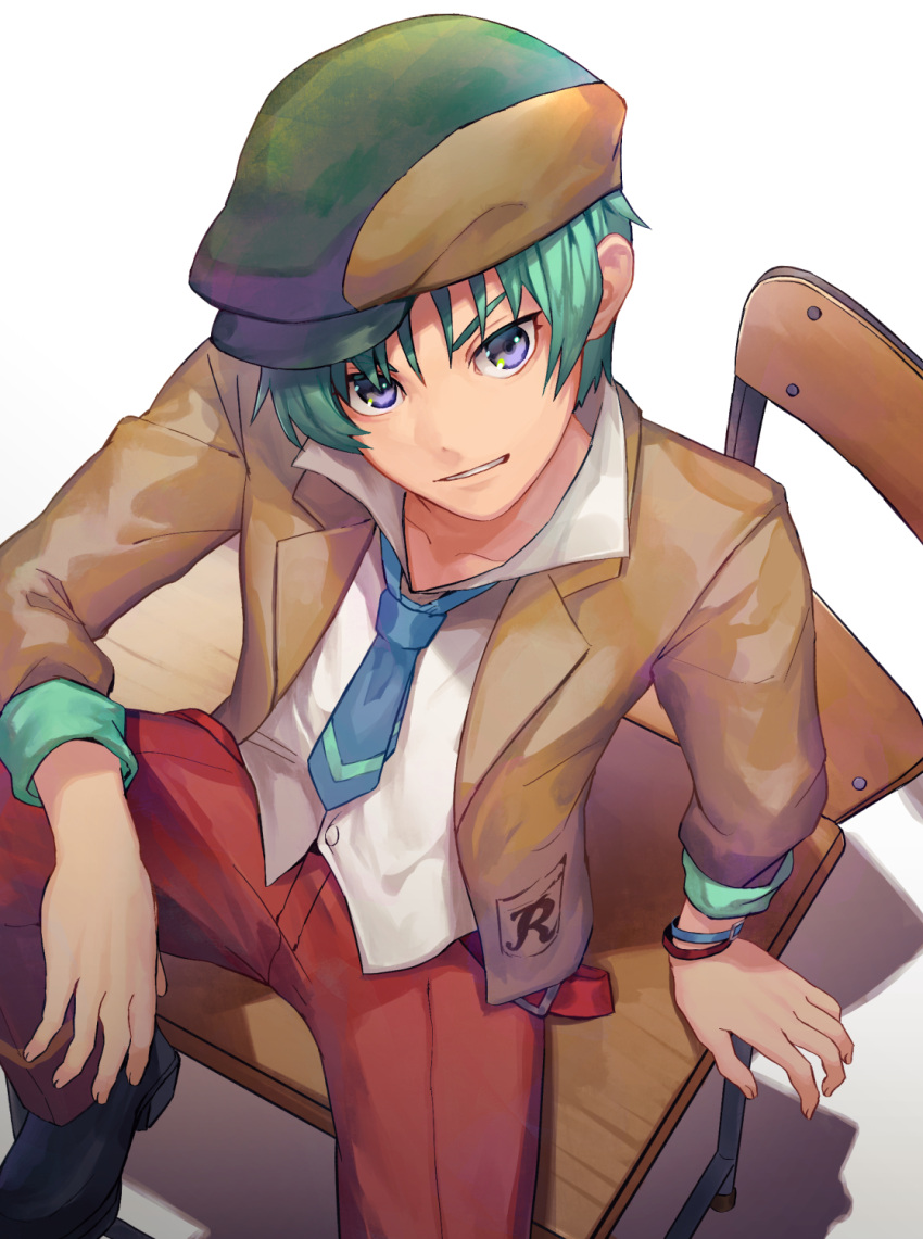 1boy belt beret boots coat commentary_request desk fingerless_gloves from_above gloves green_hair grey_eyes hat highres looking_up male_focus necktie pants penguu_(green528) shoes sitting smile solo spada_belforma tales_of_(series) tales_of_innocence