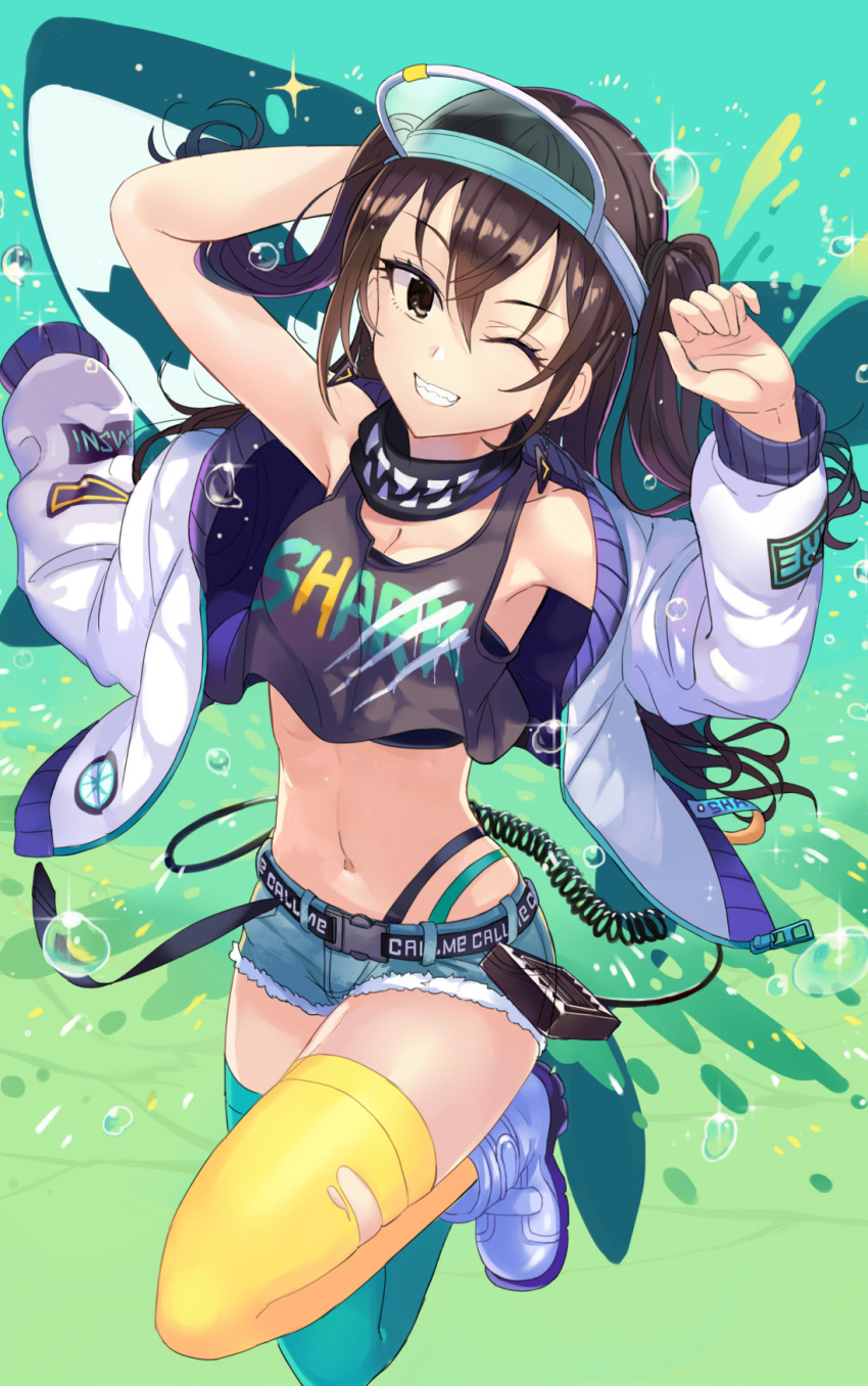 1girl arms_up ashita_(2010) asymmetrical_legwear bandana bangs belt black_eyes black_shirt boots breasts brown_hair cleavage clothes_writing coat commentary_request crop_top denim denim_shorts earrings error full_body highres idolmaster idolmaster_cinderella_girls jewelry long_hair looking_at_viewer mismatched_legwear navel one_eye_closed open_clothes open_coat open_mouth shark sharp_teeth shirt shorts snap-fit_buckle solo sparkle strapless sunazuka_akira teeth thighhighs torn_clothes torn_legwear tube_top two_side_up visor_cap water_drop