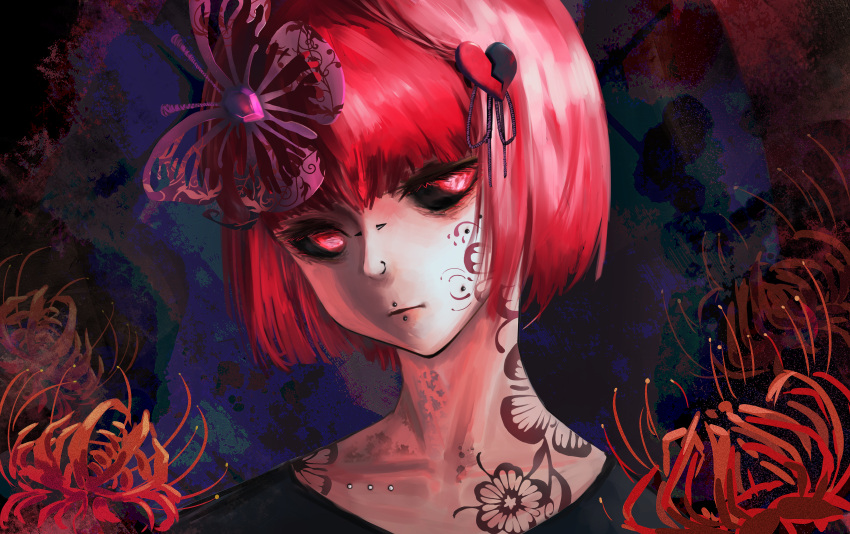 1girl absurdres bangs black_sclera black_shirt broken_heart butterfly_hair_ornament cheek_piercing collarbone colored_sclera face facial_tattoo flower ghoul gradient gradient_background hair_intakes hair_ornament highres mouth_piercing nose_piercing nose_ring original piercing pink_hair portrait red_hair shiny shiny_hair shirt short_hair solo spider_lily tattoo tflop_(tea_flop) tokyo_ghoul