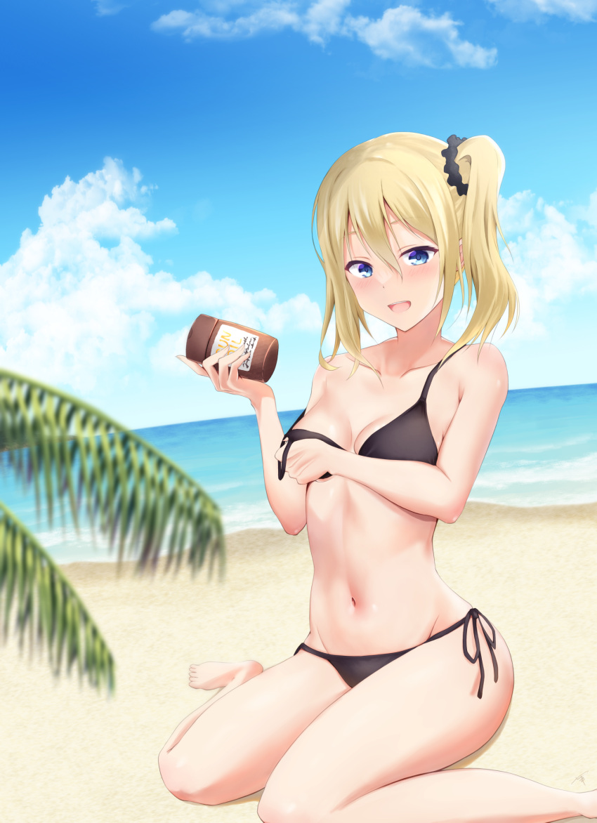 1girl :d bangs beach bikini black_bikini blue_eyes blue_sky blush breasts cloud collarbone covering covering_one_breast day foot_out_of_frame groin hair_between_eyes hair_ornament hair_scrunchie hand_on_breast hayasaka_ai highres kaguya-sama_wa_kokurasetai_~tensai-tachi_no_renai_zunousen~ looking_at_viewer lotion_bottle medium_breasts medium_hair navel ocean open_mouth sand scrunchie shiiki side-tie_bikini side_ponytail sitting sky smile solo stomach strap_slip swimsuit teeth upper_teeth wariza