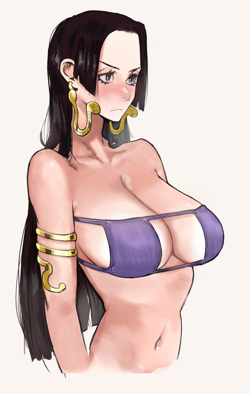 1girl absurdres armlet bangs bare_shoulders bikini black_hair blush boa_hancock breasts cleavage closed_mouth commentary cropped_torso earrings english_commentary eyelashes eyepatch_bikini forehead gold grey_background highres jewelry joy_boy large_breasts long_hair navel one_piece parted_bangs purple_bikini purple_eyes simple_background snake_earrings solo stomach straight_hair swimsuit upper_body v-shaped_eyebrows