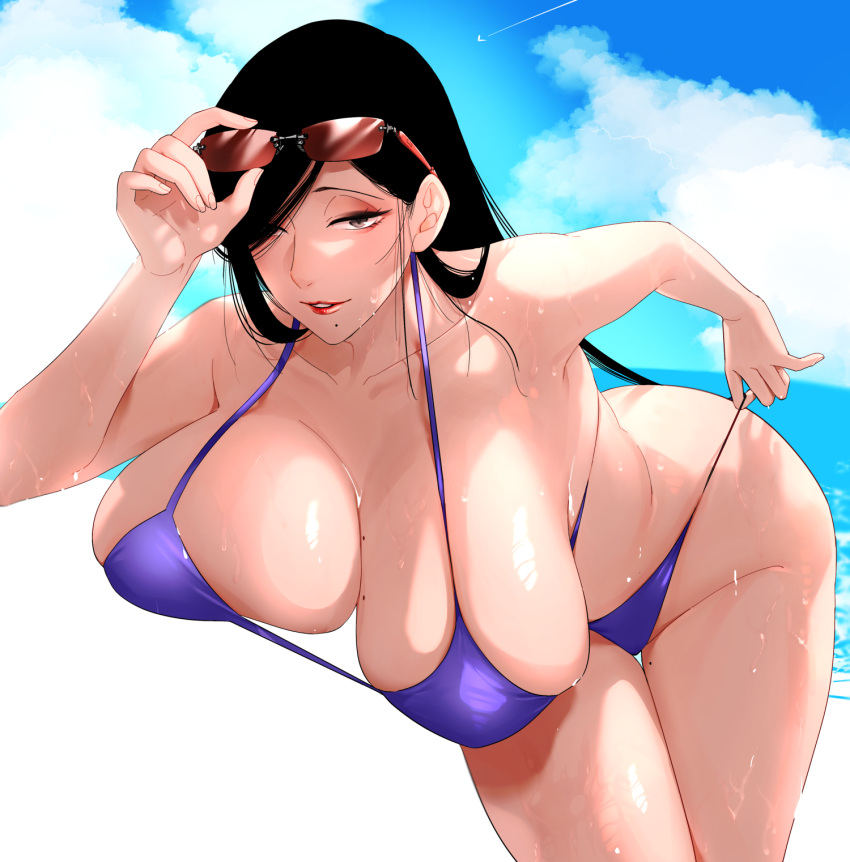 1girl bikini black_hair breasts brown_eyes cloud collarbone condensation_trail day eyewear_on_head hair_over_one_eye highres huge_breasts leaning_forward lips long_hair looking_at_viewer makeup mature_female mole mole_on_breast mole_on_thigh mole_under_mouth original outdoors rototika sky solo sunglasses swimsuit wet