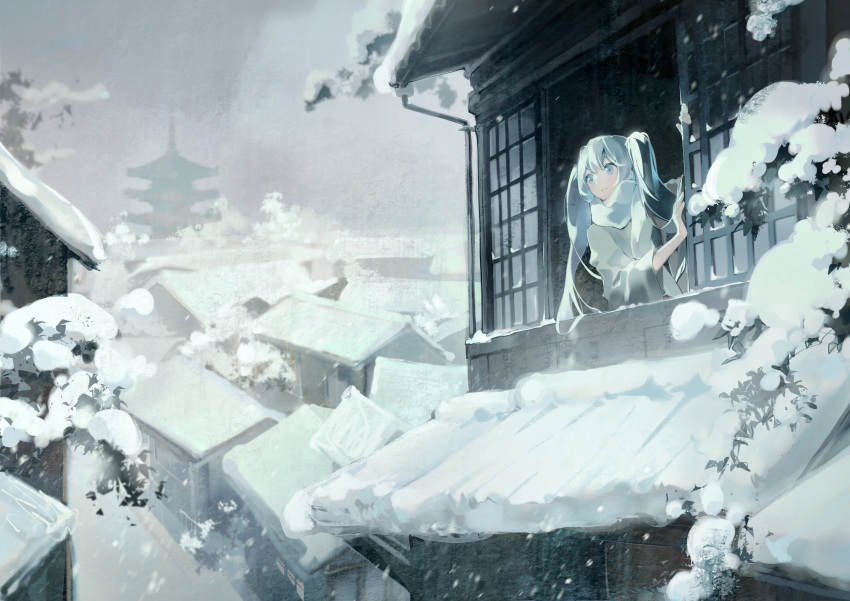 1girl absurdres architecture arm_up bangs blue_eyes blue_hair blurry building closed_mouth commentary east_asian_architecture grey_shirt hand_up hatsune_miku highres leaf long_hair long_sleeves looking_away mikka620 opening_window pagoda pipes scarf scenery shirt shouji sliding_doors snow snowing solo town tree twintails upper_body vocaloid white_scarf wide_shot wide_sleeves window yasaka_pagoda