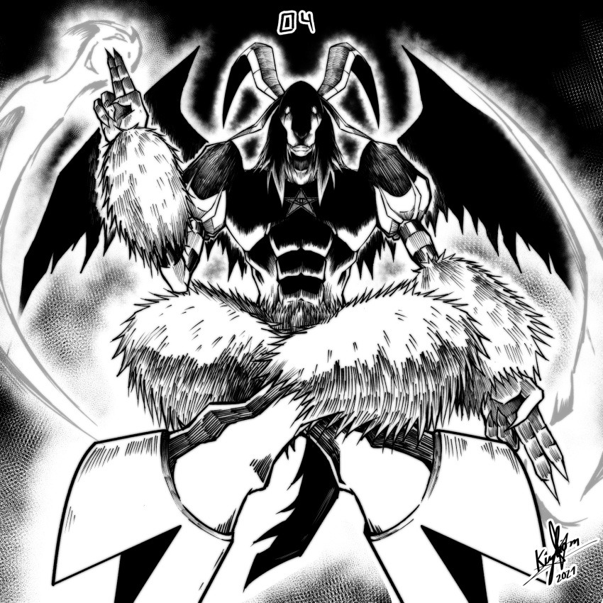 2021 abs commentary crossed_legs digimon digimon_(creature) english_commentary fangs finger_gun floating full_body glowing goat goat_horns gradient gradient_background greyscale hairy highres hoof horns inktober keyliom looking_at_viewer mephismon monochrome muscular no_humans no_pants no_shirt numbered signature solo star_(symbol) tail teeth wings
