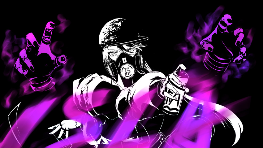 1girl baseball_cap can character_name choker commentary disembodied_limb gas_mask graffiti hat highres holding holding_can hollow_555 isla_(kof) jacket looking_at_viewer mask monochrome oversized_clothes paint paint_can respirator solo spray_can spray_paint spraying the_king_of_fighters the_king_of_fighters_xv