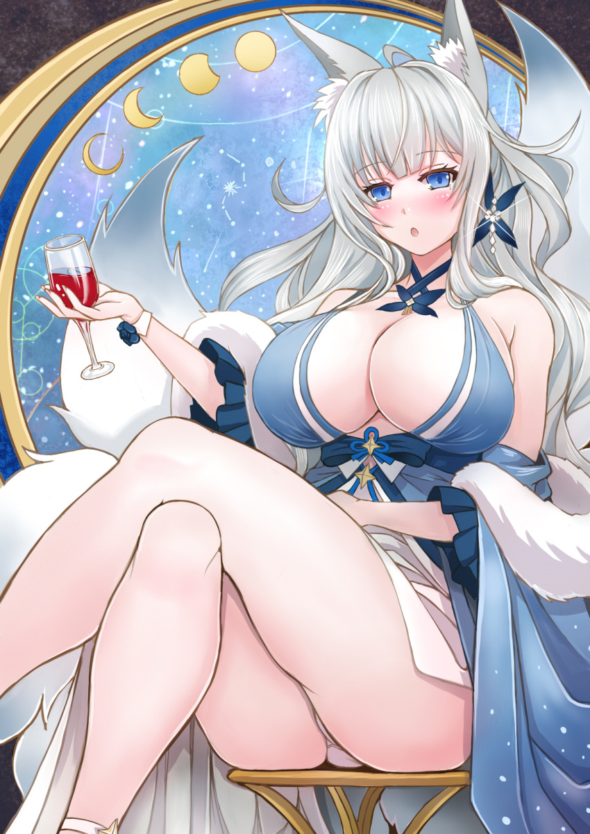 1girl alcohol animal_ears ass azur_lane blue_butterfly blue_collar blue_dress breasts bug butterfly cleavage collar crossed_legs cup cupping_glass dress drinking_glass drunk evening_gown feather_boa fox_ears fox_girl halter_dress halterneck highres kitsune kyuubi large_tail looking_at_viewer multiple_tails official_alternate_costume sai-go shinano_(azur_lane) shinano_(dreams_of_the_hazy_moon)_(azur_lane) solo tail white_tail wine_glass wrist_flower