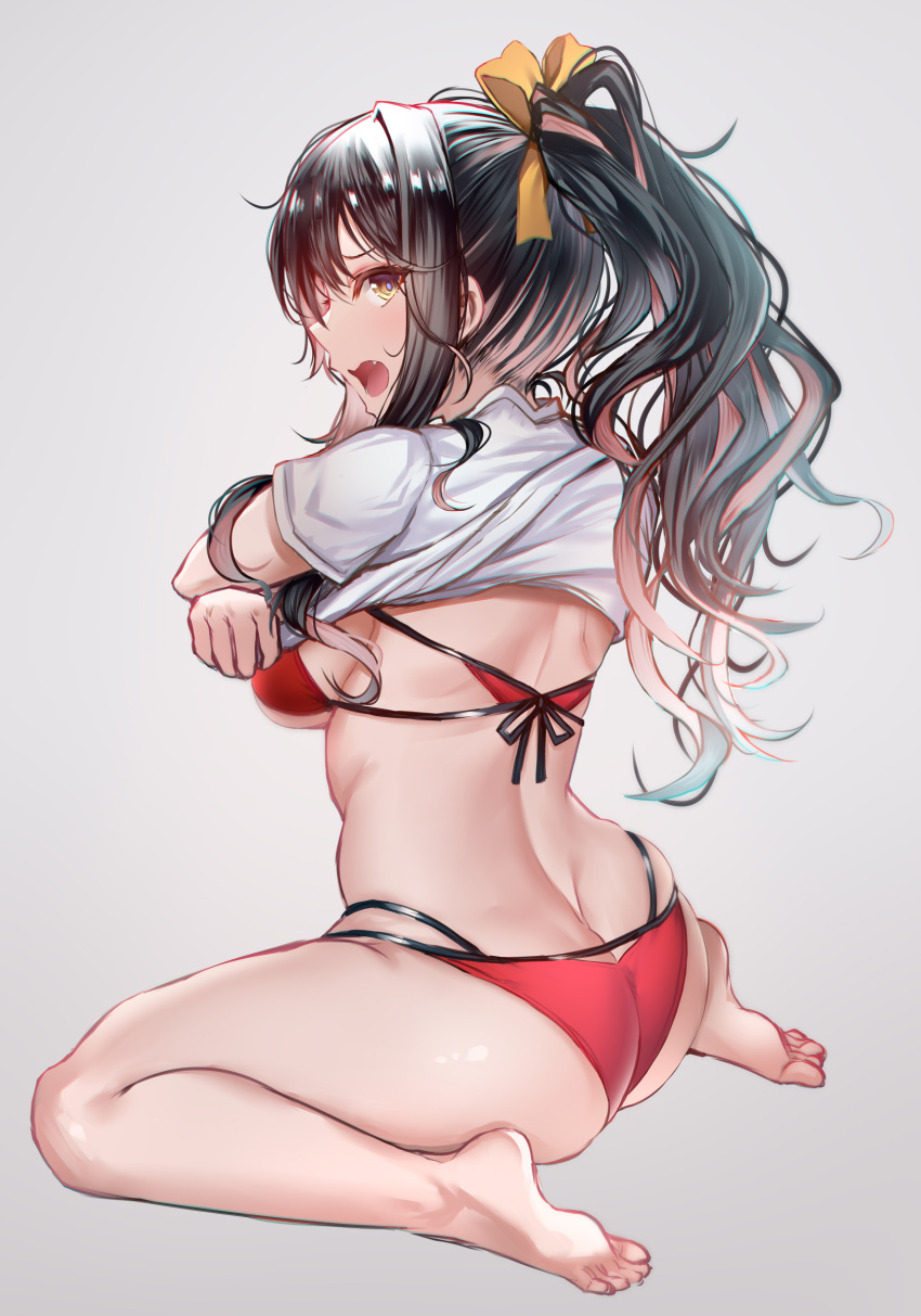 1girl absurdres ass barefoot bikini black_hair blush breasts embarrassed fang feet from_behind full_body grey_background hair_ornament hair_ribbon highres interstellar kantai_collection large_breasts long_hair looking_at_viewer looking_back multicolored_hair naganami_(kancolle) open_mouth pink_hair ponytail red_bikini ribbon shirt short_sleeves sidelocks simple_background sitting solo swimsuit thighs two-tone_hair underboob wariza wavy_hair white_shirt yellow_eyes