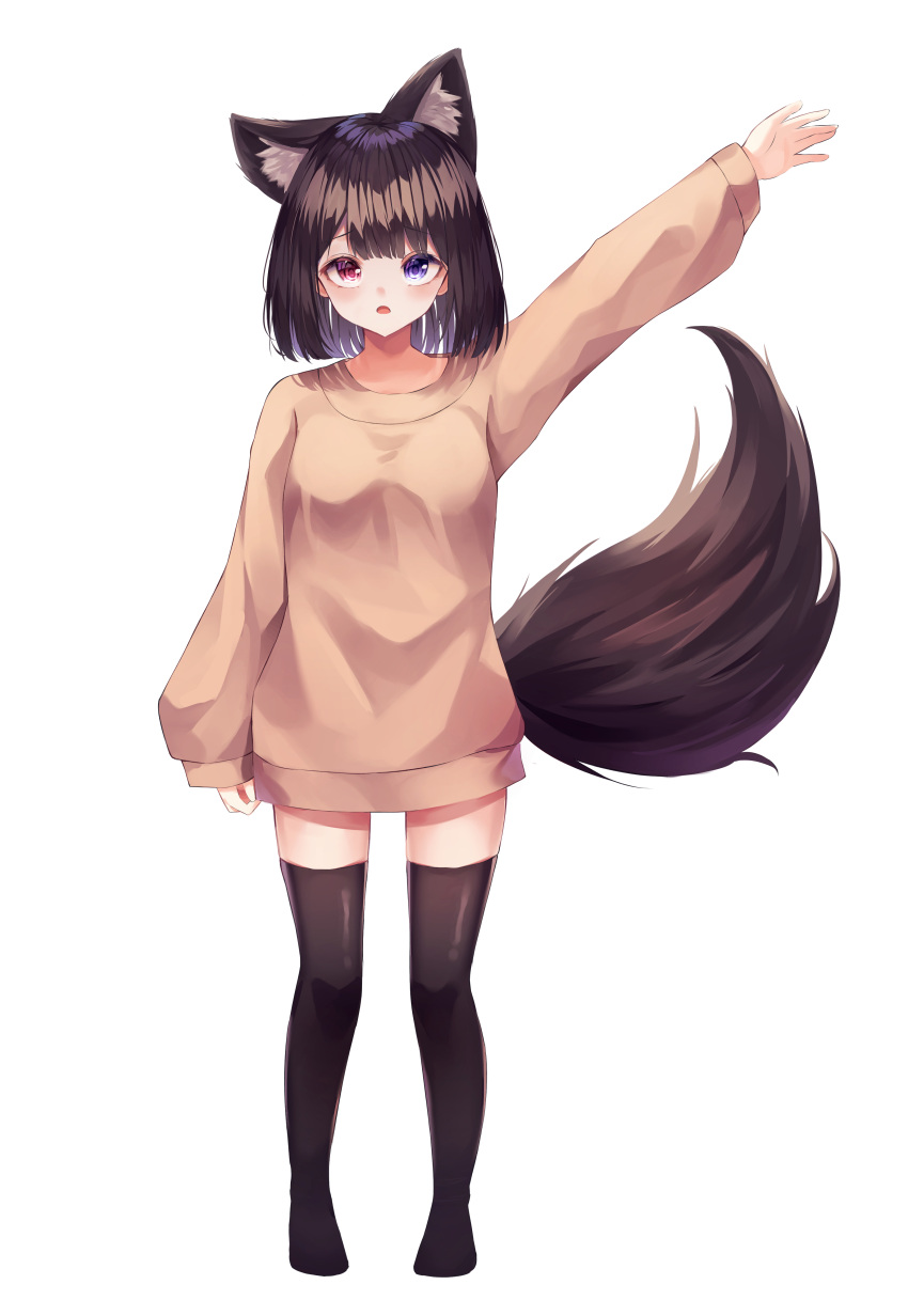 1girl absurdres animal_ear_fluff animal_ears bangs black_hair black_legwear breasts brown_sweater commentary extra_ears eyebrows_visible_through_hair fox_ears fox_girl fox_tail heterochromia highres long_sleeves looking_at_viewer no_shoes original puffy_long_sleeves puffy_sleeves purple_eyes red_eyes shiro_(acad1213) simple_background sleeves_past_wrists small_breasts solo standing sweater tail thighhighs white_background