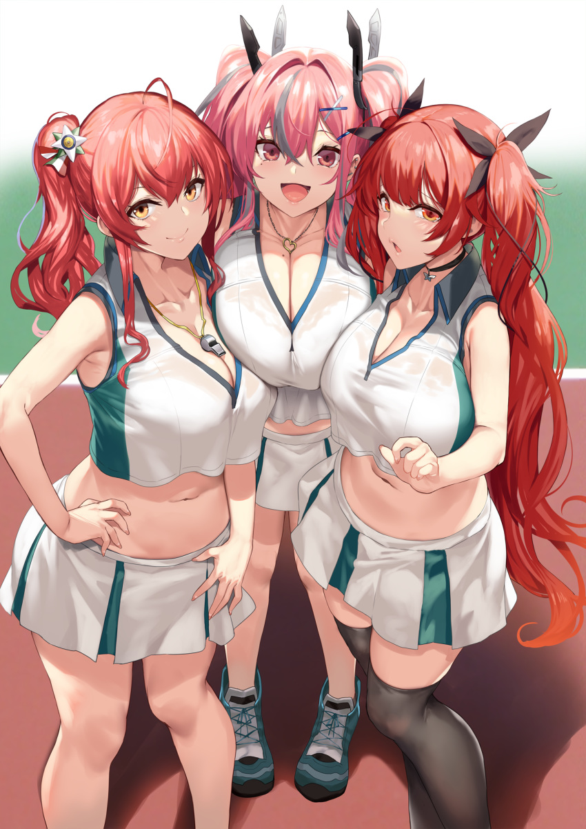 3girls :d ahoge azur_lane bangs bare_shoulders black_choker black_legwear black_ribbon blush breasts bremerton_(azur_lane) bremerton_(azur_lane)_(cosplay) bremerton_(scorching-hot_training)_(azur_lane) choker cleavage closed_mouth collarbone collared_shirt commentary_request cosplay cowboy_shot crop_top crop_top_overhang ear_piercing from_above full_body green_footwear green_skirt grey_hair groin hair_between_eyes hair_intakes hair_ornament hair_ribbon hairclip hand_on_hip heart heart_necklace highres honolulu_(azur_lane) large_breasts long_hair looking_at_viewer midriff mole mole_on_breast mole_under_eye multicolored_hair multiple_girls navel official_alternate_costume open_mouth outdoors piercing pink_eyes pink_hair red_eyes red_hair ribbon see-through_shirt shadow shirt shoes side_ponytail sidelocks skindentation skirt sleeveless sleeveless_shirt smile sneakers sportswear standing streaked_hair taut_clothes taut_shirt tennis_court tennis_uniform thighhighs twintails two-tone_hair two-tone_shirt two-tone_skirt very_long_hair wet wet_clothes wet_shirt whistle whistle_around_neck white_shirt white_skirt x_hair_ornament yappen yellow_eyes zara_(azur_lane) zettai_ryouiki