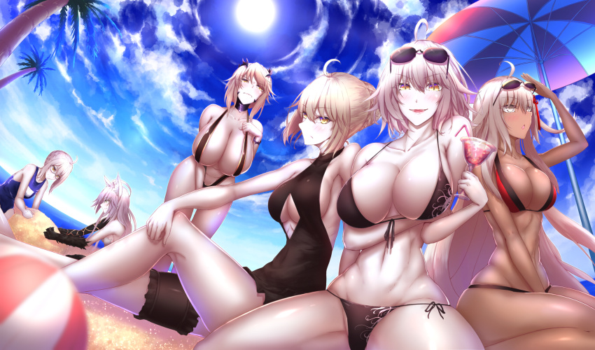 6+girls ahoge animal_ears artoria_pendragon_(alter_swimsuit_rider)_(fate) artoria_pendragon_(fate) artoria_pendragon_(lancer_alter)_(fate) atalanta_(alter)_(fate) atalanta_(fate) ball bare_shoulders beach beachball between_legs bikini black_bikini blush breast_hold breasts brown_eyes cat_ears center_opening check_commentary cleavage closed_mouth cloud cloudy_sky cocktail_glass commentary_request cup dark-skinned_female dark_skin day drinking_glass drinking_straw embarrassed eyewear_on_head fate/grand_order fate_(series) front-tie_bikini front-tie_top glasses grey_eyes hand_between_legs highres holding huge_breasts jeanne_d'arc_(alter)_(fate) jeanne_d'arc_(fate) large_breasts leaning_forward leg_garter long_hair looking_at_viewer multiple_girls mysterious_heroine_x_(alter)_(fate) navel ocean okita_souji_(alter)_(fate) okita_souji_(fate) one-piece_swimsuit open_mouth pale_skin red_bikini revision saber_alter sand school_swimsuit shiroshisu short_hair sitting sky slingshot_swimsuit smile sun sunglasses swimsuit tassel trait_connection tree very_long_hair white_hair