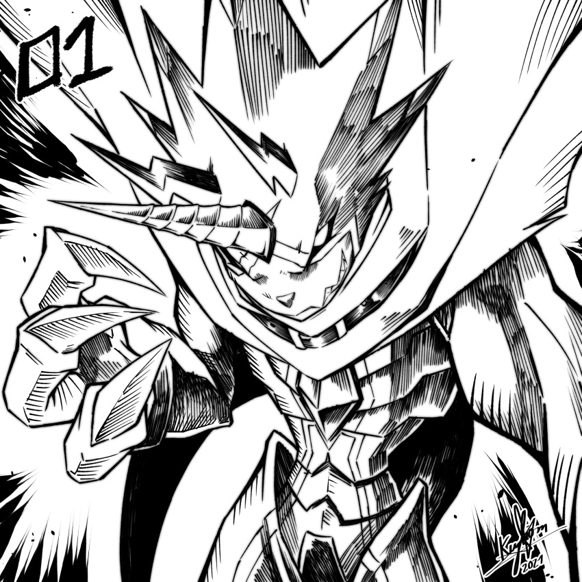 2021 belt cape commentary digimon digimon_(creature) english_commentary gem greyscale grin gulusgammamon hand_up highres horns inktober keyliom monochrome no_humans sharp_teeth signature single_horn smile solo teeth upper_body