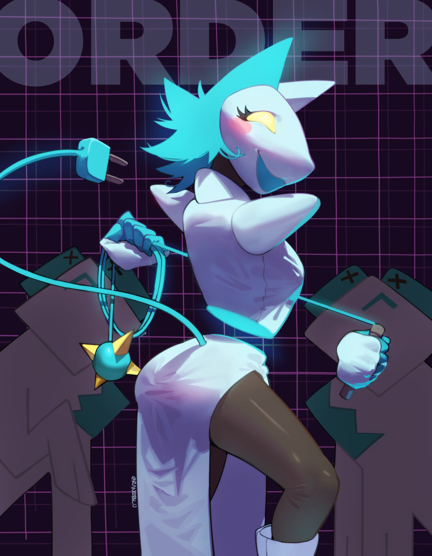 1girl artist_name ass black_legwear blue_hair blush blush_stickers cable_tail colored_skin commentary deltarune disembodied_limb electric_plug eyelashes flail grid_background highres looking_at_viewer looking_back open_mouth pantyhose raneblu smile standing tail tasque_(deltarune) tasque_manager_(deltarune) weapon whip white_skin yellow_eyes