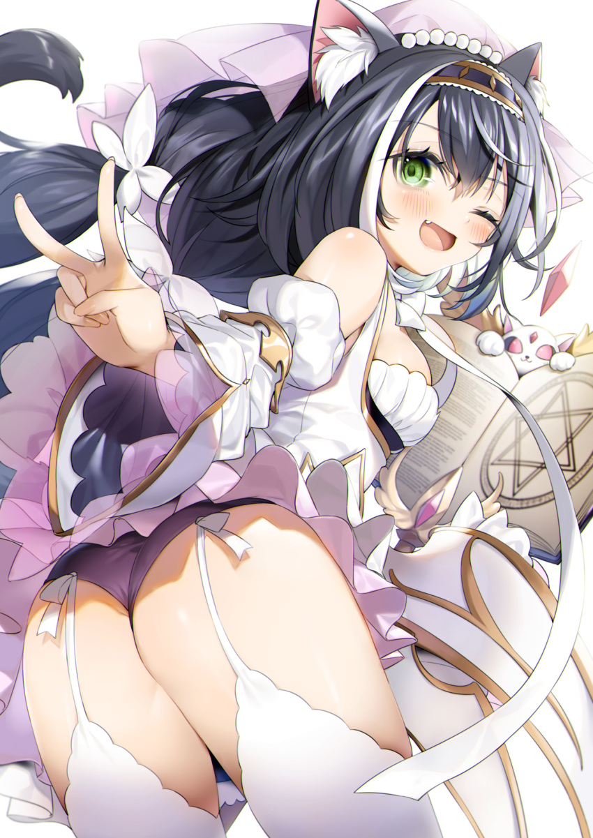 1girl :d animal_ear_fluff animal_ears ass bangs black_hair blush book cat_ears commentary_request detached_sleeves dress eyebrows_visible_through_hair fang garter_straps green_eyes hair_between_eyes hair_ornament hair_ribbon hairband highres karyl_(princess_connect!) long_hair multicolored_hair one_eye_closed open_mouth panties pentagram princess_connect! purple_dress purple_panties ribbon simple_background smile solo standing streaked_hair thighhighs two-tone_dress underwear v veil white_background white_dress white_hair white_legwear wide_sleeves yana_mori