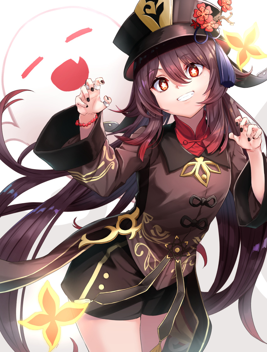 1girl absurdres black_headwear black_nails black_shorts brown_hair claw_pose collared_coat cowboy_shot flower flower-shaped_pupils genshin_impact ghost gradient_hair grin hair_between_eyes hands_up happy hat hat_flower highres hu_tao_(genshin_impact) jewelry leaning_forward long_hair long_sleeves looking_at_viewer m.tokotsu multicolored_hair multiple_rings nail_polish plum_blossoms porkpie_hat red_eyes red_flower red_hair ring short_shorts shorts smile solo symbol-shaped_pupils thumb_ring twintails two-tone_hair very_long_hair wide_sleeves