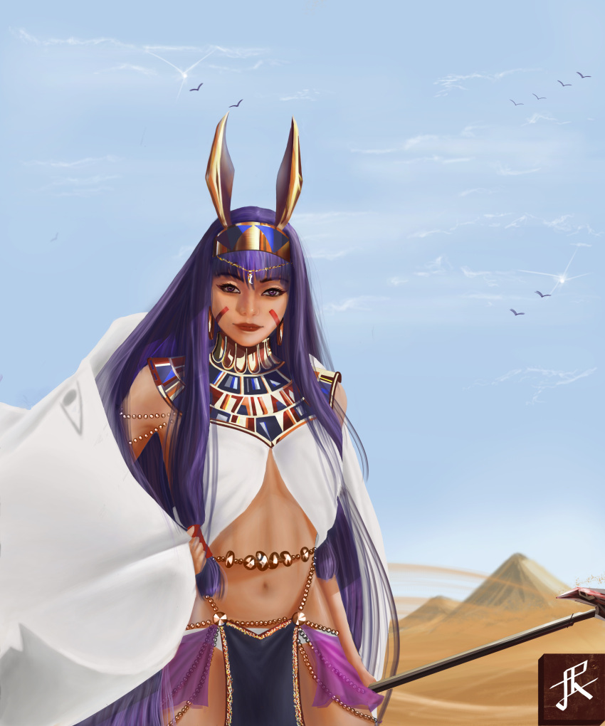 1girl absurdres animal_ears bangs blue_sky blunt_bangs blurry cloud cloudy_sky coat dark-skinned_female dark_skin depth_of_field desert earrings egyptian egyptian_clothes eyebrows_visible_through_hair facial_tattoo fate/grand_order fate_(series) hair_between_eyes hairband highres holding holding_staff jeia_drawsstuff jewelry long_hair looking_at_viewer midriff navel nitocris_(fate) purple_eyes purple_hair pyramid rabbit_ears realistic sand sandstorm sidelocks sky skyline solo staff tattoo white_coat