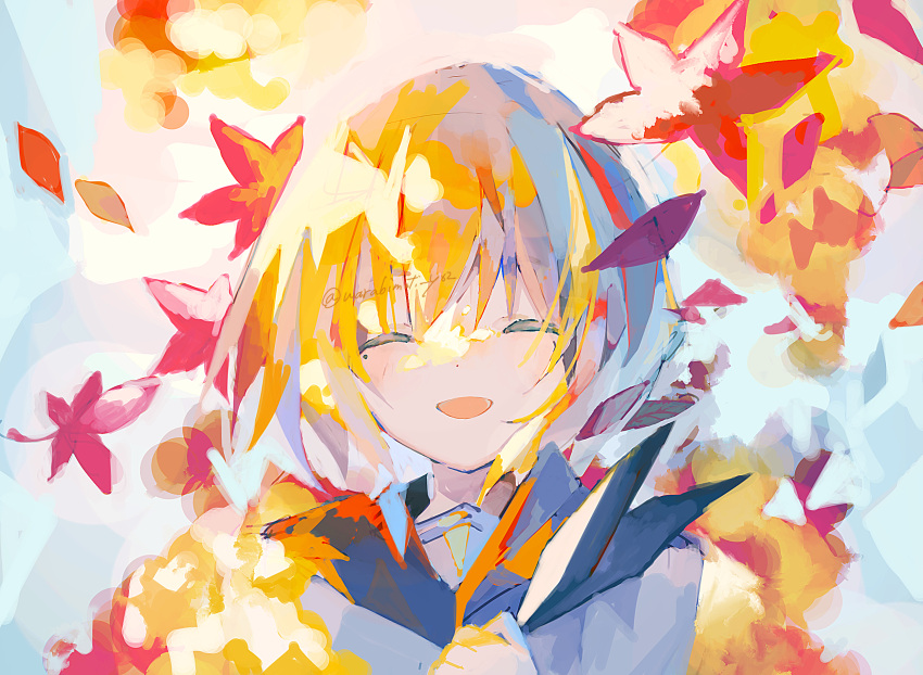 1girl abstract_background autumn autumn_leaves bangs black_neckerchief black_sailor_collar blonde_hair closed_eyes commentary dated_commentary highres leaf maple_leaf neckerchief open_mouth original sailor_collar shirt short_hair solo twitter_username upper_body warabimoti_yoz white_background white_shirt wind