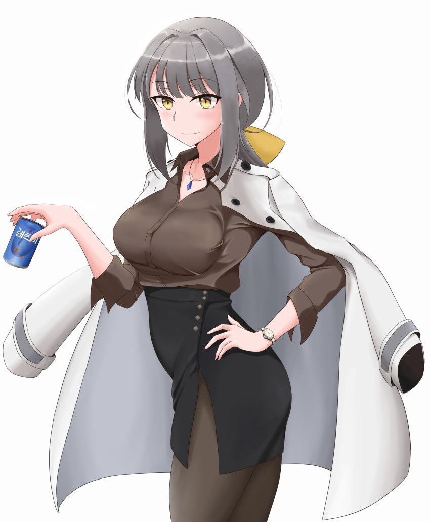 1girl absurdres black_skirt black_survival bow breasts brown_legwear brown_shirt can coat coat_on_shoulders cowboy_shot dr._nadja eyebrows_visible_through_hair grey_hair hair_bow handgebrauch high-waist_skirt highres jewelry labcoat large_breasts looking_at_viewer medium_hair necklace pantyhose pencil_skirt shirt sidelocks simple_background skirt soda_can solo taut_clothes taut_shirt watch white_background white_coat wristwatch yellow_eyes