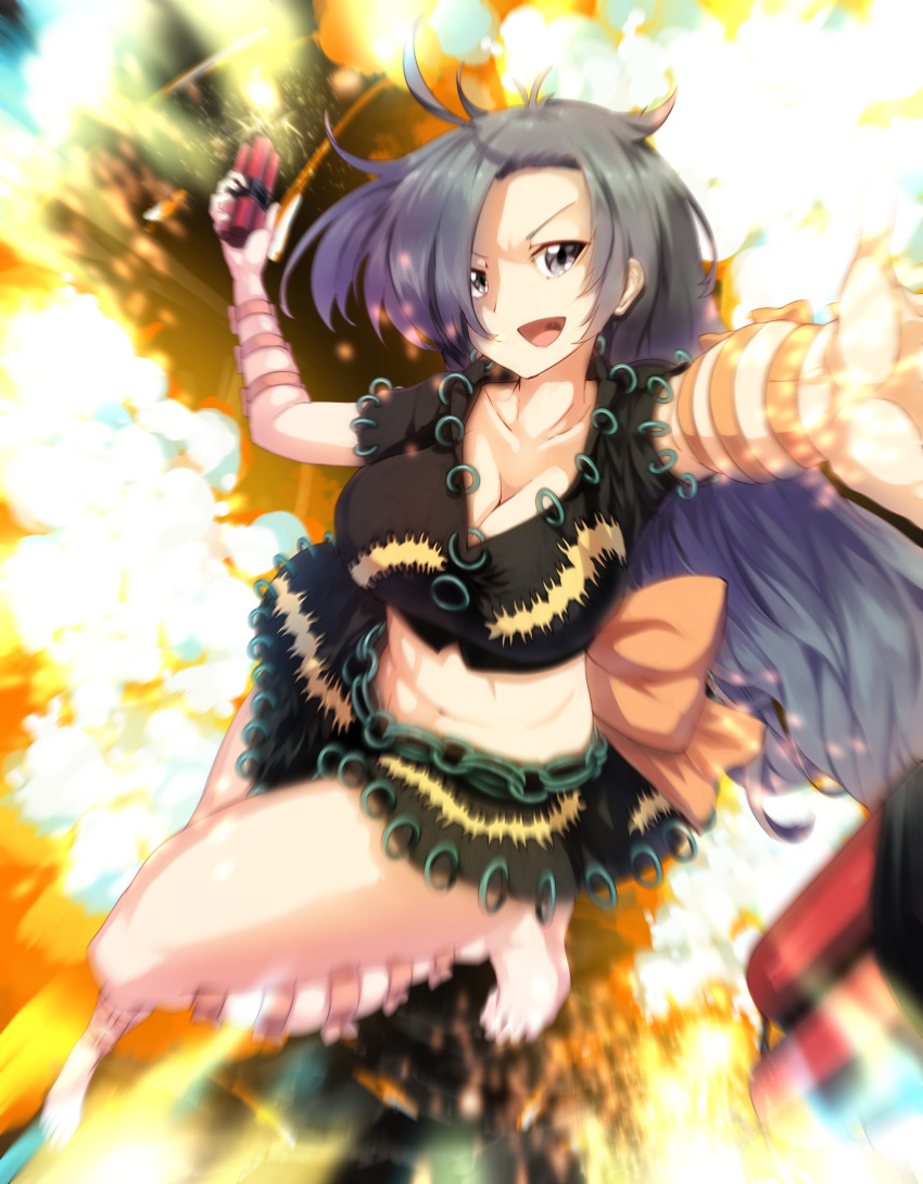 1girl absurdres bare_legs barefoot breasts cleavage explosion green_shirt grey_eyes grey_hair highres himemushi_momoyo large_breasts long_hair midriff navel ribbon shirt solo spell_card sunyup tnt touhou