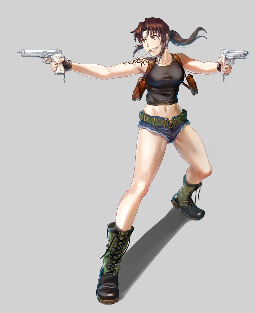 1girl absurdres azasuke belt beretta_92 black_lagoon boots brown_eyes brown_hair cigarette commentary crop_top denim denim_shorts dual_wielding fingerless_gloves full_body gloves grin gun handgun highres holding holster midriff ponytail revy_(black_lagoon) short_shorts shorts shoulder_holster shoulder_tattoo simple_background smile smoking solo tattoo weapon